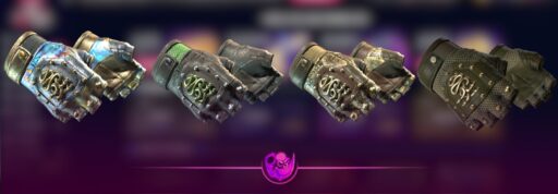 Top 5 Hydra Gloves in CS2 showcasing Case Hardened Blue Gem, Emerald, Mangrove, and Rattler variants in high detail.