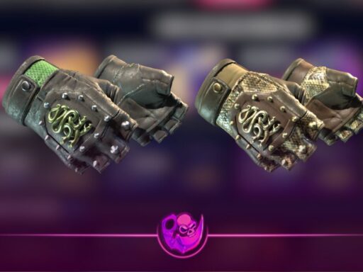 Top 5 Hydra Gloves in CS2 showcasing Case Hardened Blue Gem, Emerald, Mangrove, and Rattler variants in high detail.
