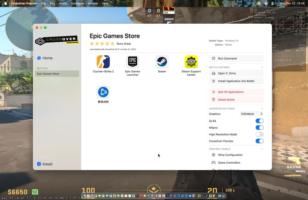 CS2 CrossOver settings on MacBook