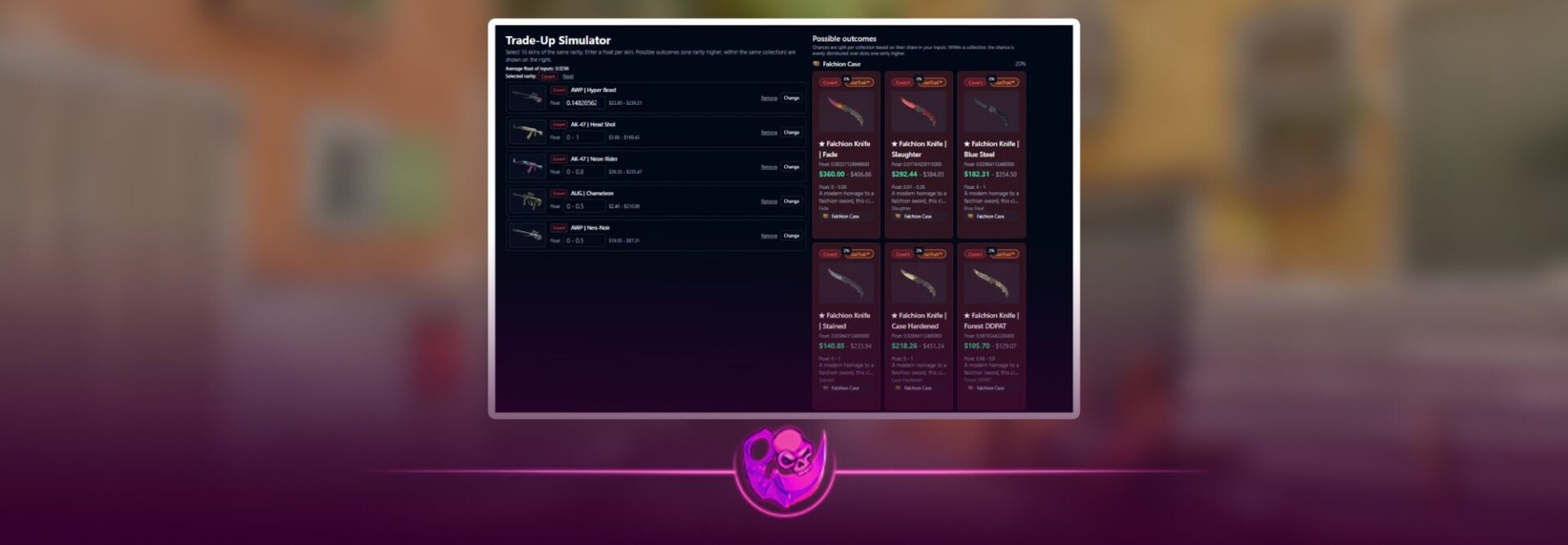 CS2 trade up calculator showing knife and glove upgrade results after latest update