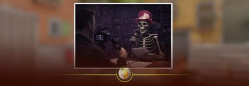 Skeleton mascot from DaddySkins conducting an interview about the CS:GO case opening industry