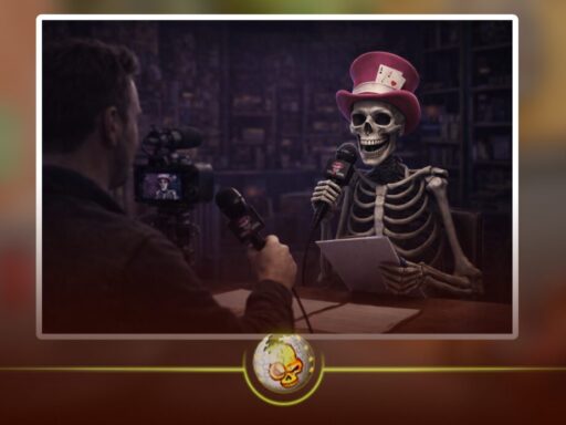 Skeleton mascot from DaddySkins conducting an interview about the CS:GO case opening industry