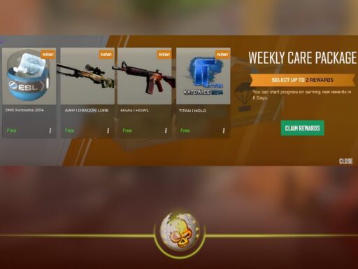 cs2 weekly drop chances care package rewards screen showing skins and case options
