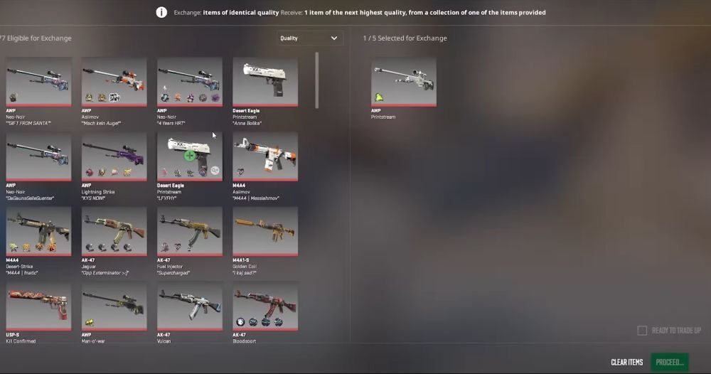 Five Covert red skins in a CS2 trade up contract