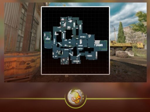 CS2 Cache callouts interactive map showing A site, B site, Mid, Garage, Checkers, Vents, Highway, and key map areas.