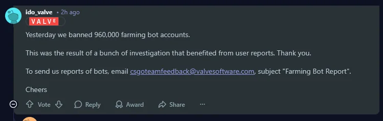 Valve Bans 960,000 CS2 Farming Bot Accounts