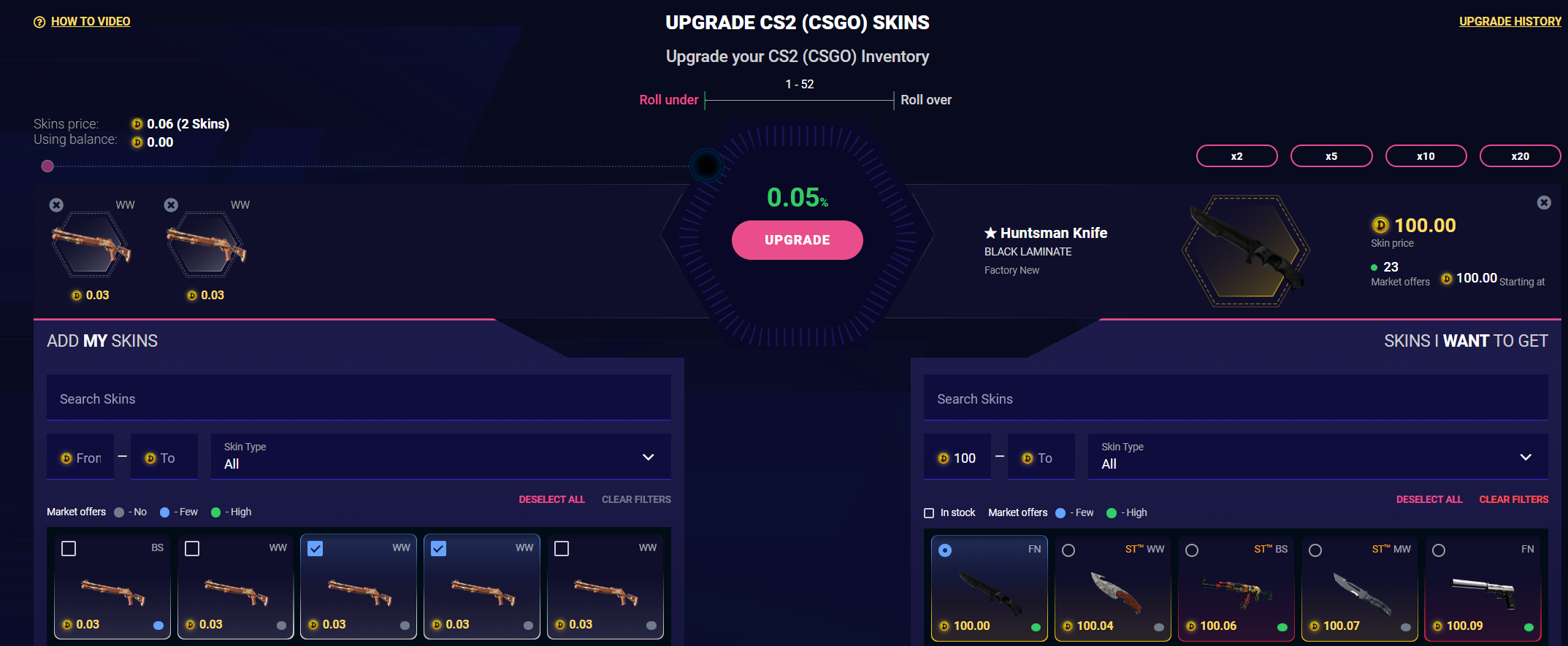DaddySkins CS2 skin upgrader showing upgrade odds and target skins