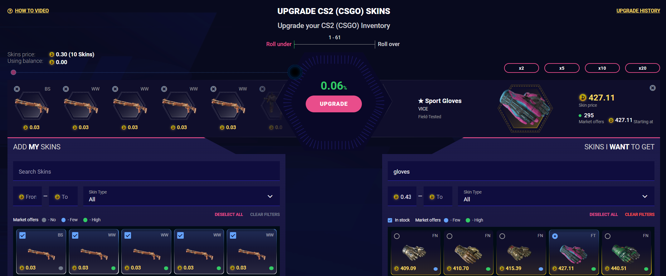 DaddySkins upgrader with CS2 knives and gloves available as target skins
