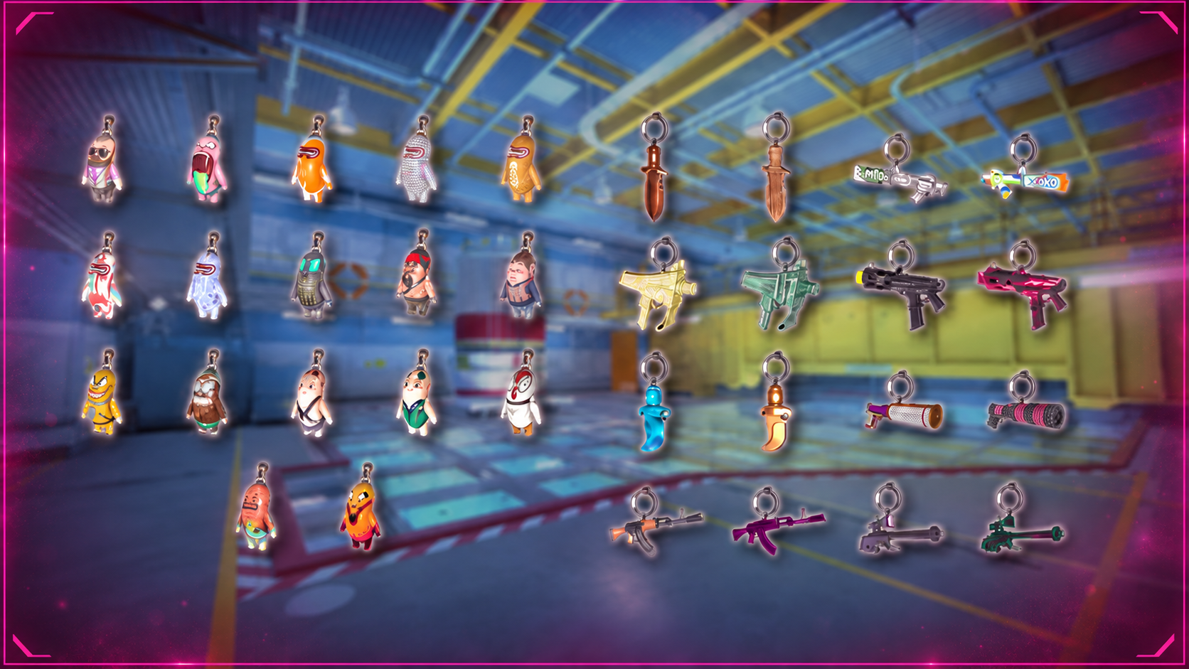 CS2 charm patterns guide showing Die-Cast AK Titeenium AWP and Semi-Precious charms