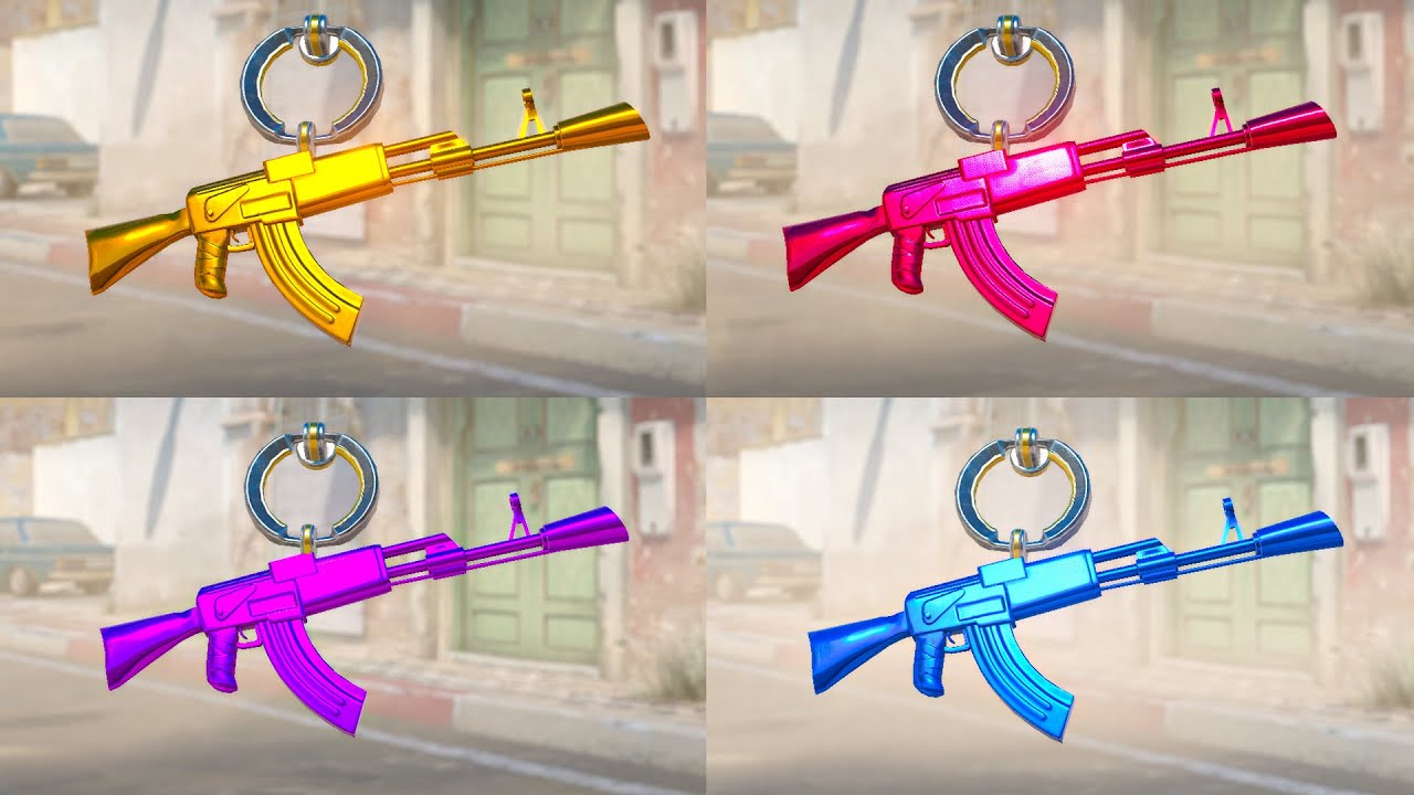 Die-Cast AK charm patterns in gold red purple and cyan in CS2