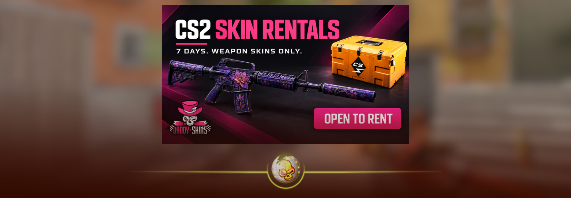 CS2 skin rentals graphic showing a purple rifle, weapon case and Open to Rent button