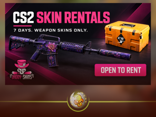 CS2 skin rentals graphic showing a purple rifle, weapon case and Open to Rent button