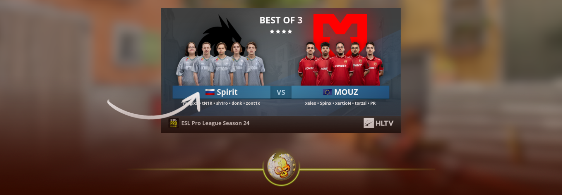 Team Spirit and MOUZ logos for the ESL Pro League Season 24 semifinal